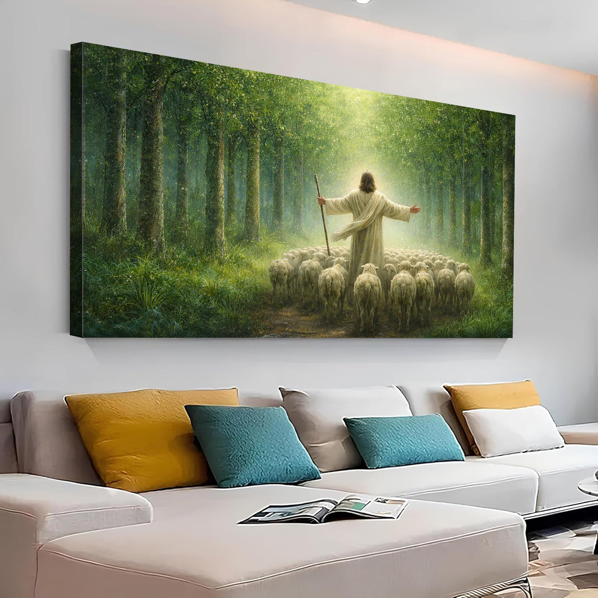 Big Christian Canvas Wall Art Jesus and Lamb Wall Decor Good Shepherd Jesus Picture Prints Jesus Walking in Forest Painting Serene Nature Poster Artwork for Living Room Bedroom Decorations 30x60” (60"L x 30"W / Jesus Forest)