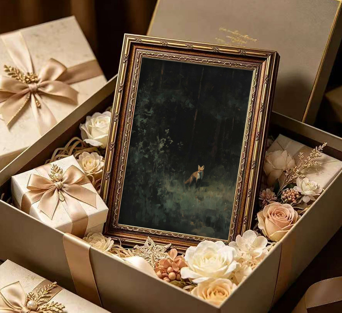Vintage Gold Framed Wall Art Dark Academia Fox Canvas Wall Decor Forest Wildlife Picture Retro Woodland Animals Fox Print Artwork for Bedroom Living Room Rustic Cabin Farmhouse (forest Fox / 24"L x 16"W)