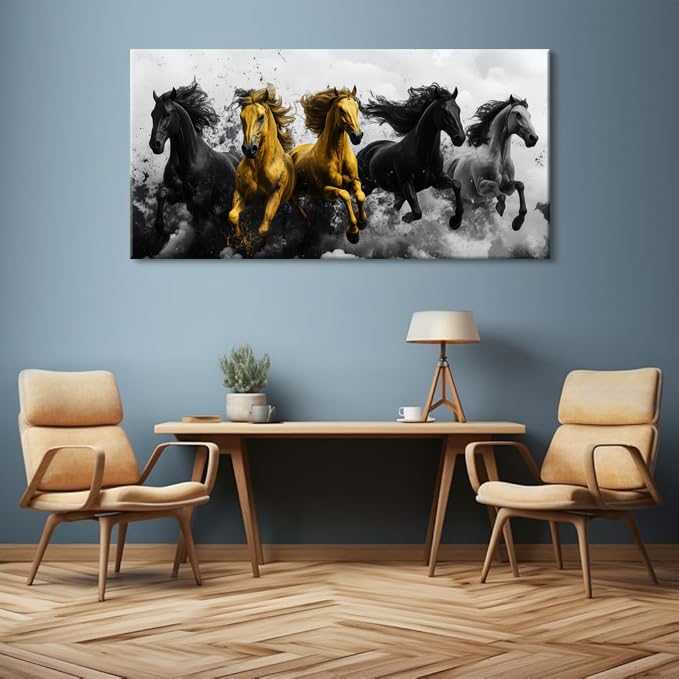 Gold Running Horses Wall Art for Living Room Office Abstract Dynamic Movement Modern Painting Prints Contemporary Canvas Artwork Dining Bedroom Decor Extra Large (Abstract / Black Gold Gray Horses Wall Art / 58"L x 28"W)