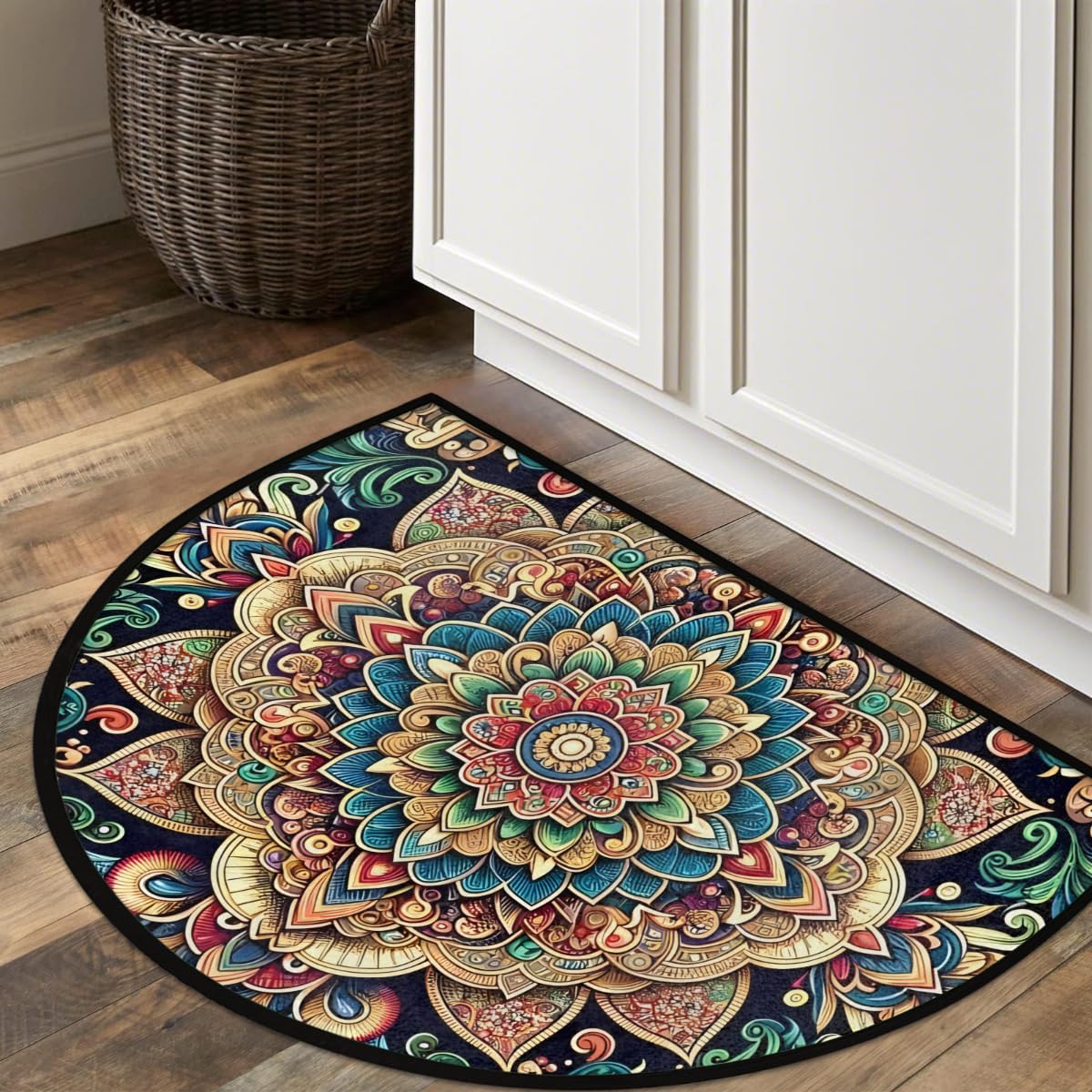 Mandala Rainbow Half Moon Rug Mandala Flower Rainbow Ethnic Half Round Door Mat Washable Half Circle Area Rugs Indoor Entrance Non Slip Semi Circle Bathroom Rugs Floor Carpet for Kithen Bedroom Decor (A:color 6)