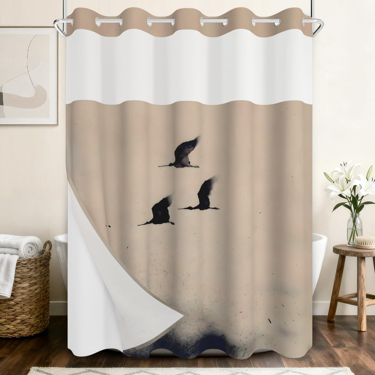 No Hook Shower Curtain with Snap in Liner (Flying Birds)