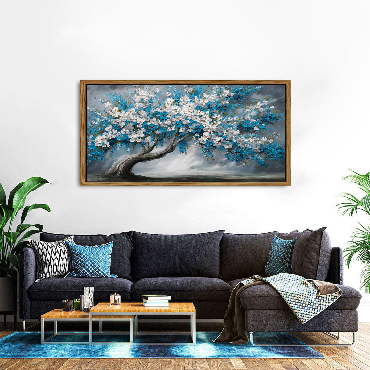 Abstract White Daisy Flower Framed Wall Art Colorful Tree Wall Decor Nature Navy Blue Botanical Painting Rustic Farmhouse Pictures Posters Modern Artwork for Bedroom Living Room Decorations 30x57.8 (30"L x 57.8"W / Blue White Tree)