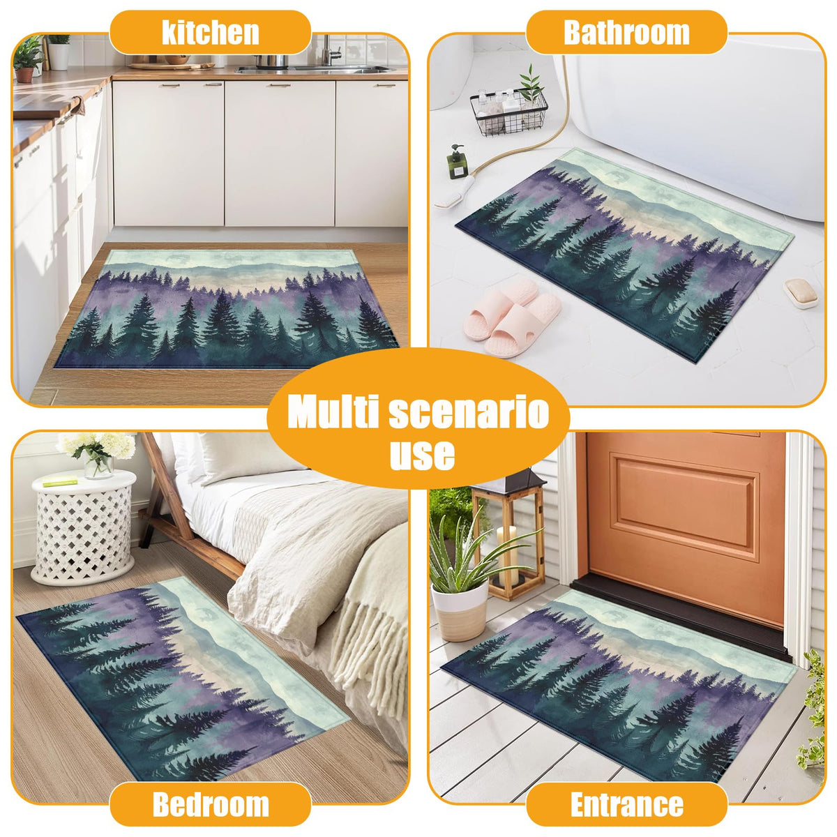 Green Purple Misty Forest Bath Mat for Bathroom (Colorful Forest)