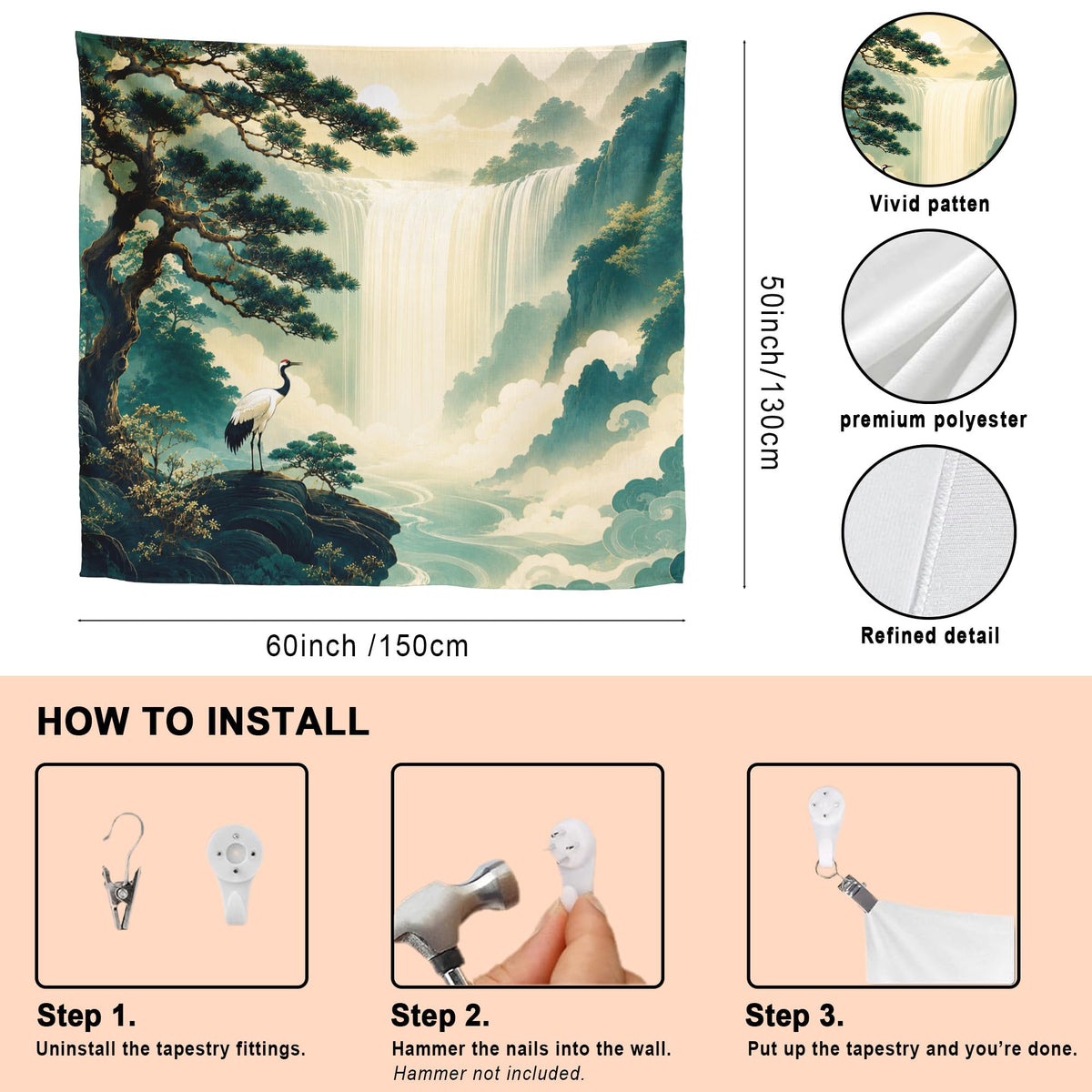 Crane Waterfall Tapestry 60x50 (Teal Crane Waterfall)