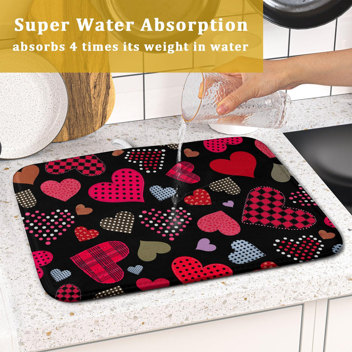 Happy Valentine's Day Black Dish Drying Mat for Kitchen Counter (Love Heart / 16" x 18")