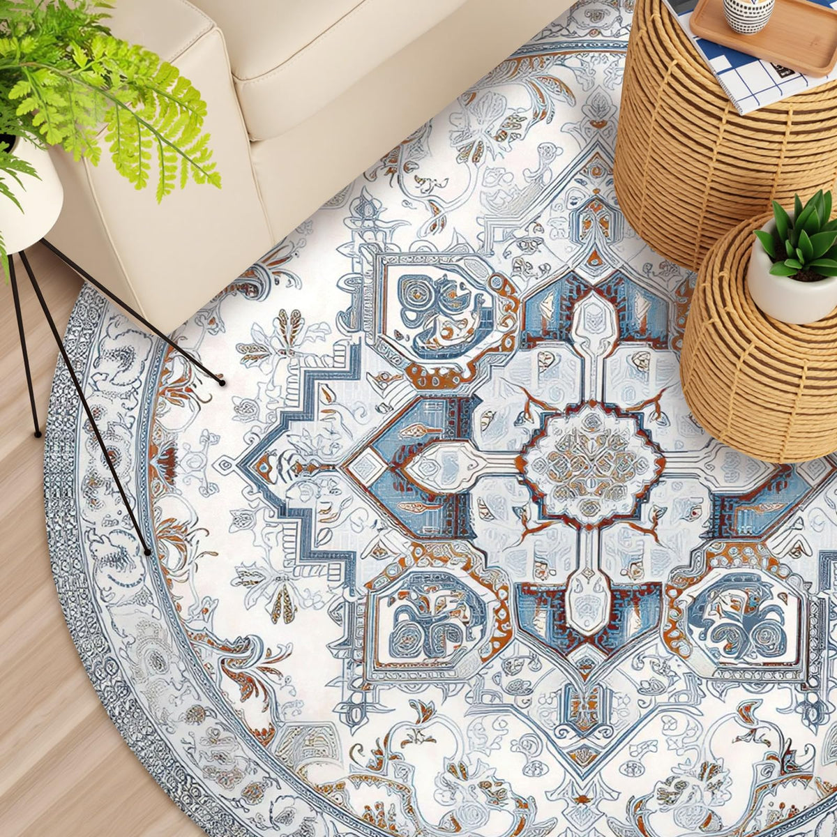 Vintage Floral Round Area Rug 4ft (Daily-vintage Blue / 4' (Round))