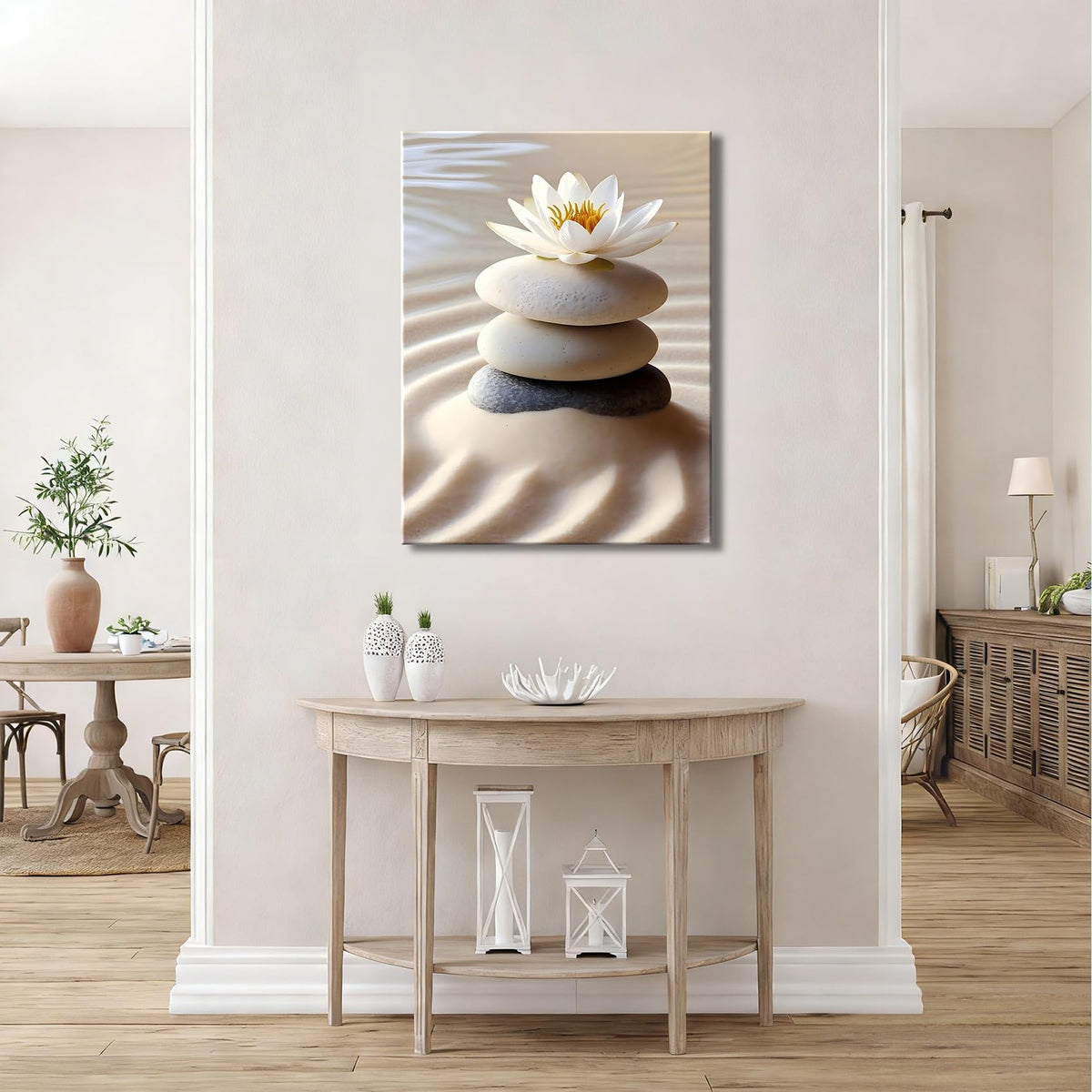 Framed White Lotus Zen Stone Canvas Wall Art (Pictures26 / 12"L x 8"W)