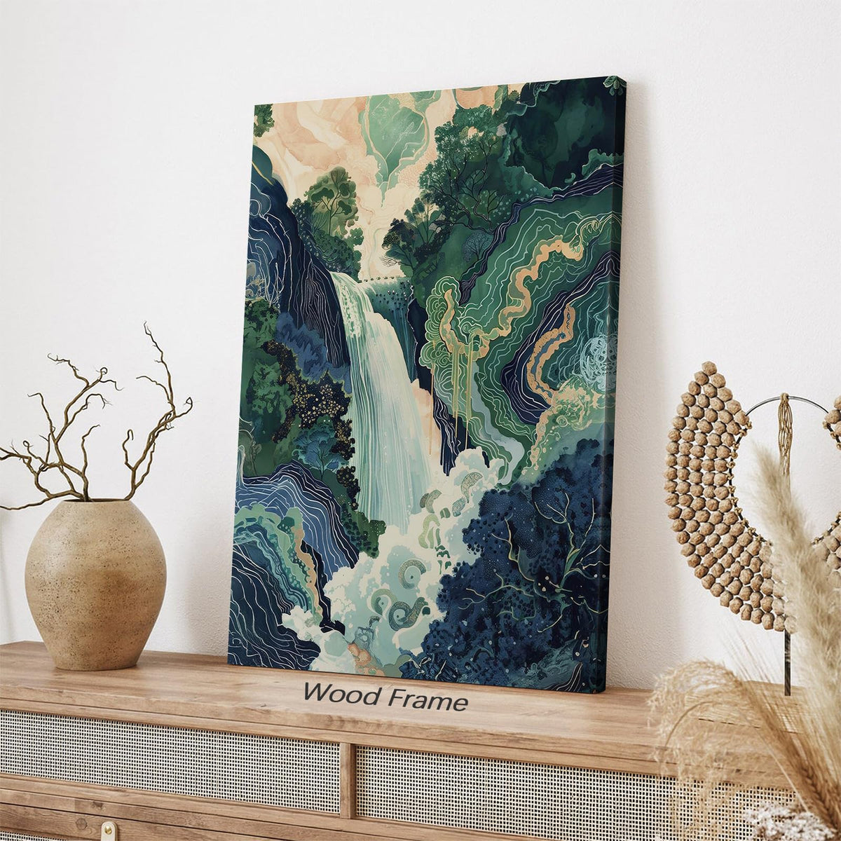 Japanese Landscape Framed Prints Poster Abstract Nature Mountain Canvas Wall Art 16x24 inch Vintage Asian Waterfall Painting Ukiyo (Wrapped Canvas / Japanese Painting / 24"L x 16"W)