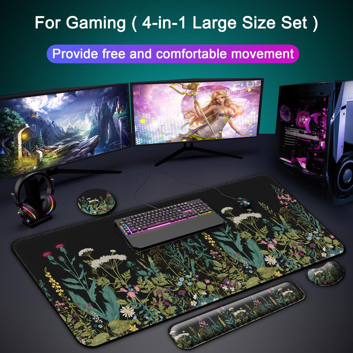 4 in 1 Mouse Pad and Keyboard Wrist Rest (D7- Little Flowers)