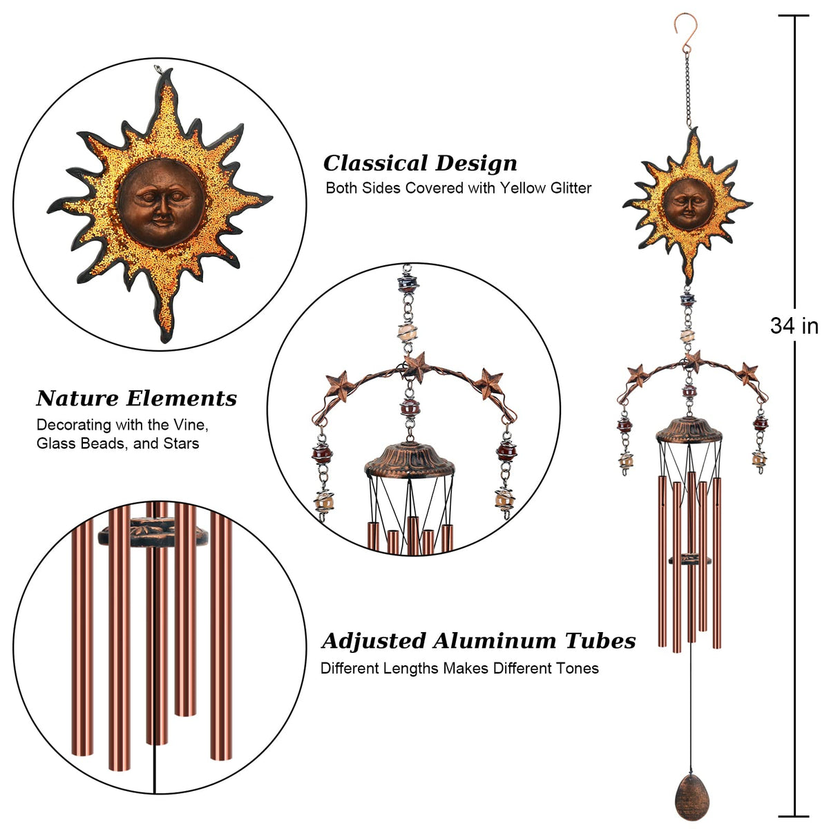 Sun Wind Chimes for Outside (Yellow Sun)