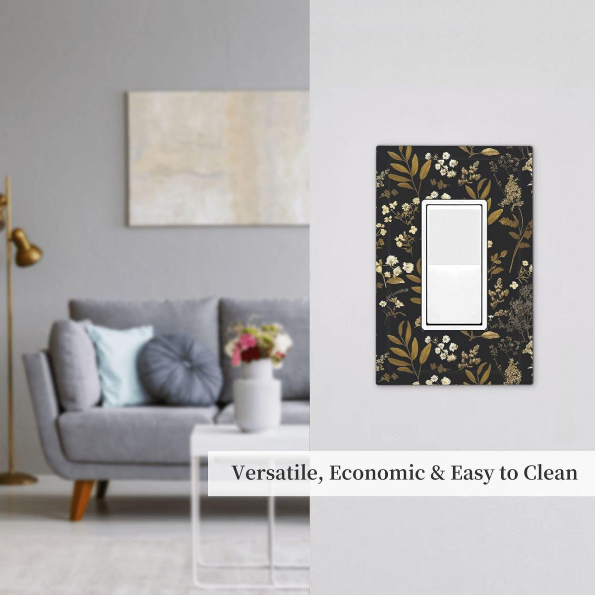 Black Gold Vintage Leaf Floral 1 Gang Outlet Decorator Light Switch Wall Plate Cover Faceplate Decorative Switchplate Rocker (Black Gold Vintage Leaf Floral / 1-Gang Rocker Mid)