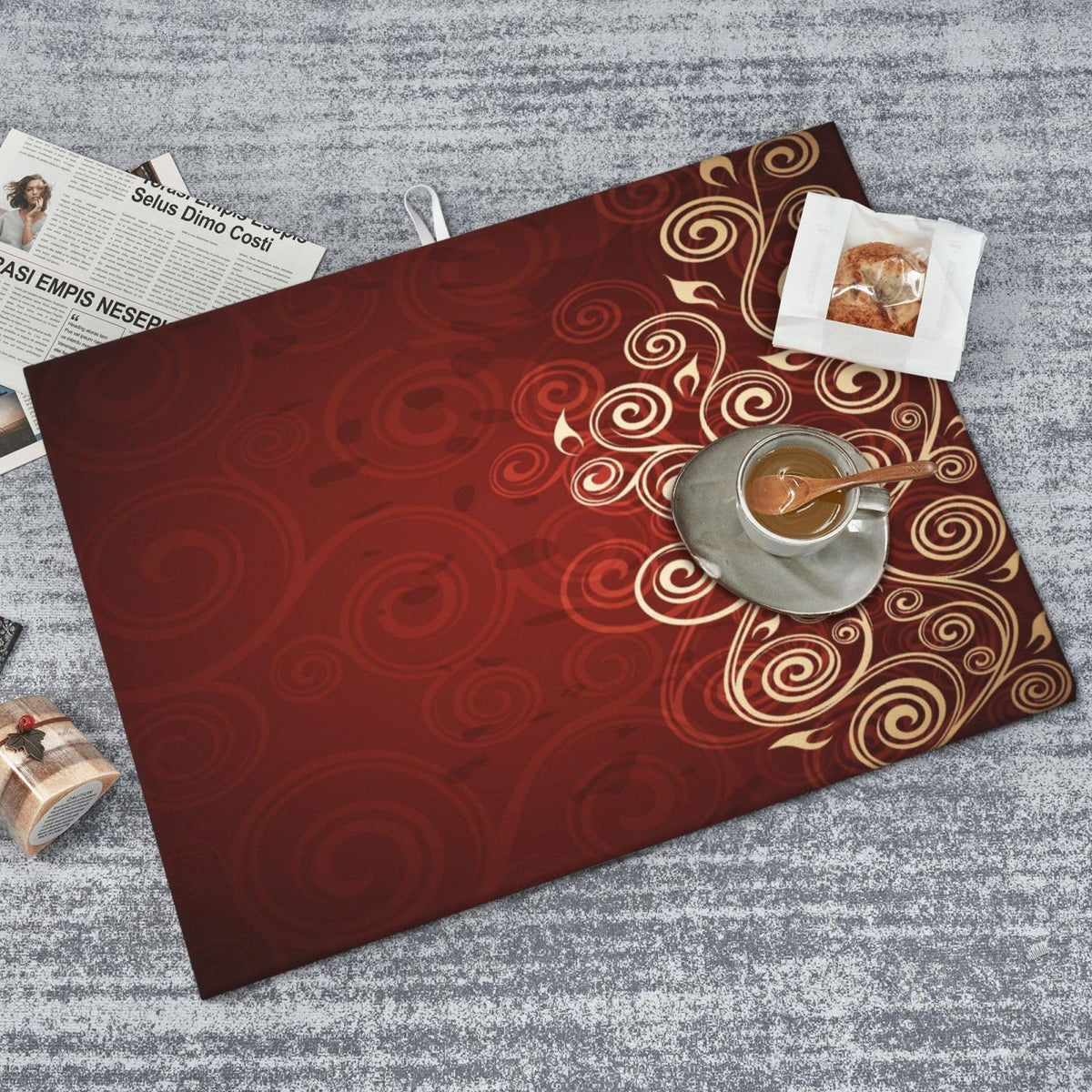 Burgundy Red Floral Swirls Dish Drying Mat 18x24 Inch (Red)