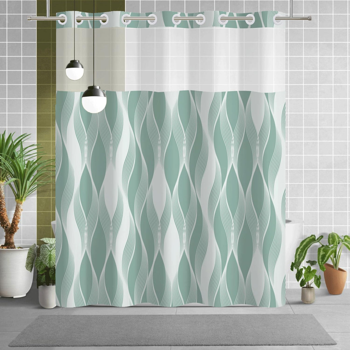 No Hook Shower Curtain with Snap in Liner Set (Geometric Wave)