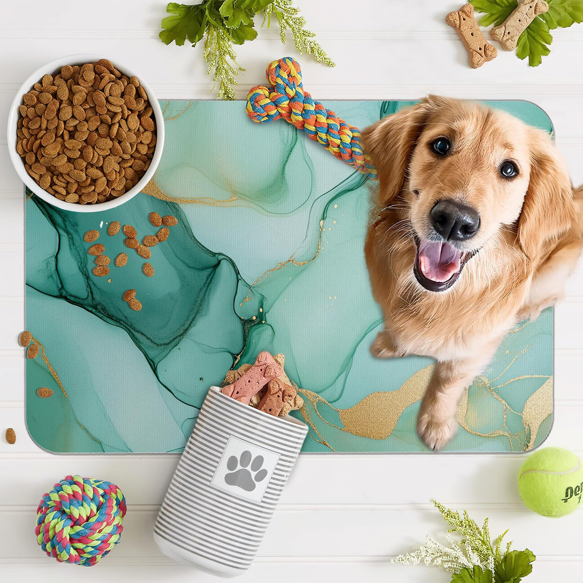 Marble Dog Food Mat for Floors (12"L x 12"W / Green Gold Flowing Marble)