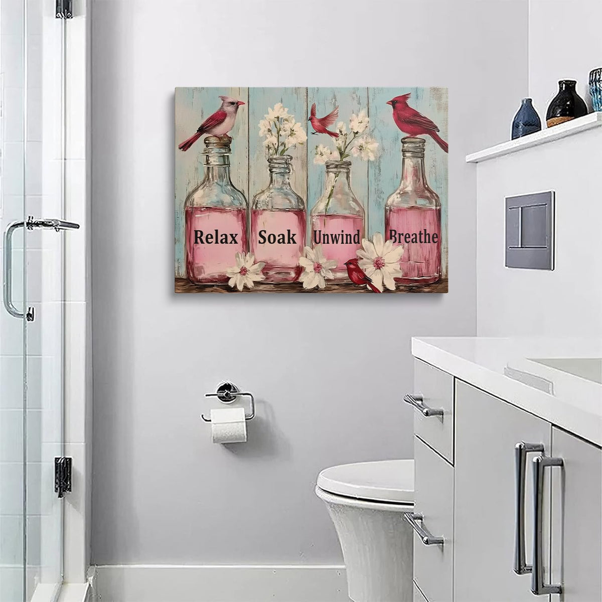 Framed Rustic Rustic Floral Cardinal Bathroom Decor Pink Flower Canvas Wall Art (Light purple / 24"L x 16"W)