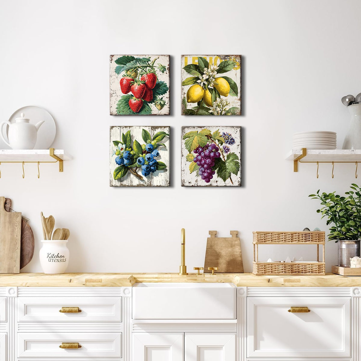 Vintage Fruit Wall Art for Kitchen Wall Decor Farmhouse Dining Room Pictures Rustic Lemon Strawberry Canvas Paintings Colorful Fruits Theme Prints Blueberry Grape Poster Artwork Decorations 12x12” 4P (12"L x 12"W / Fruit02)