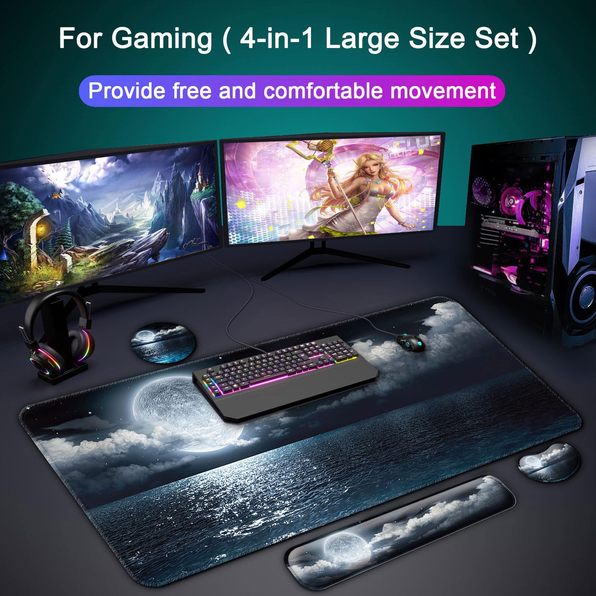 4 in 1 Mouse Pad and Keyboard Wrist Rest (A3-moon Ocean)