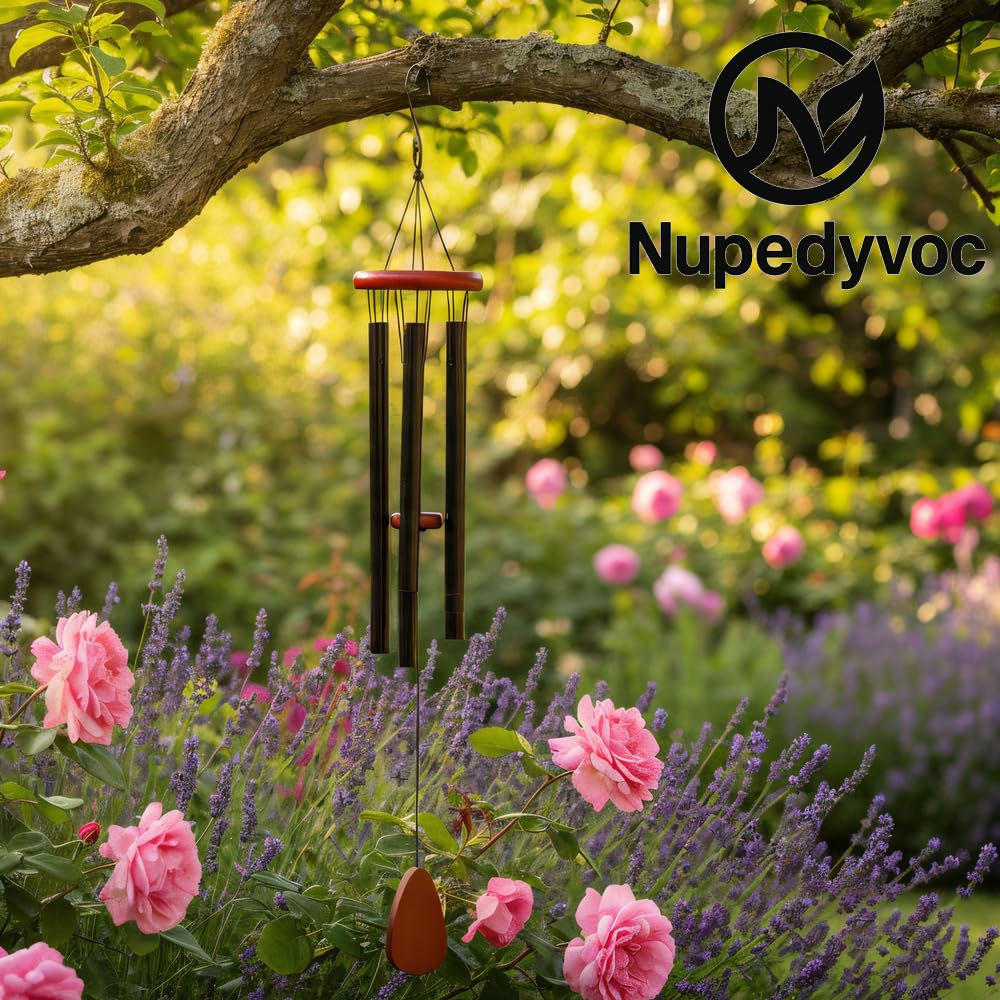 35” Large Black Aluminum Wind Chimes with Brown Wooden Cap for Outside (Black Aluminum Wind Chimes With Brown Wooden Cap)