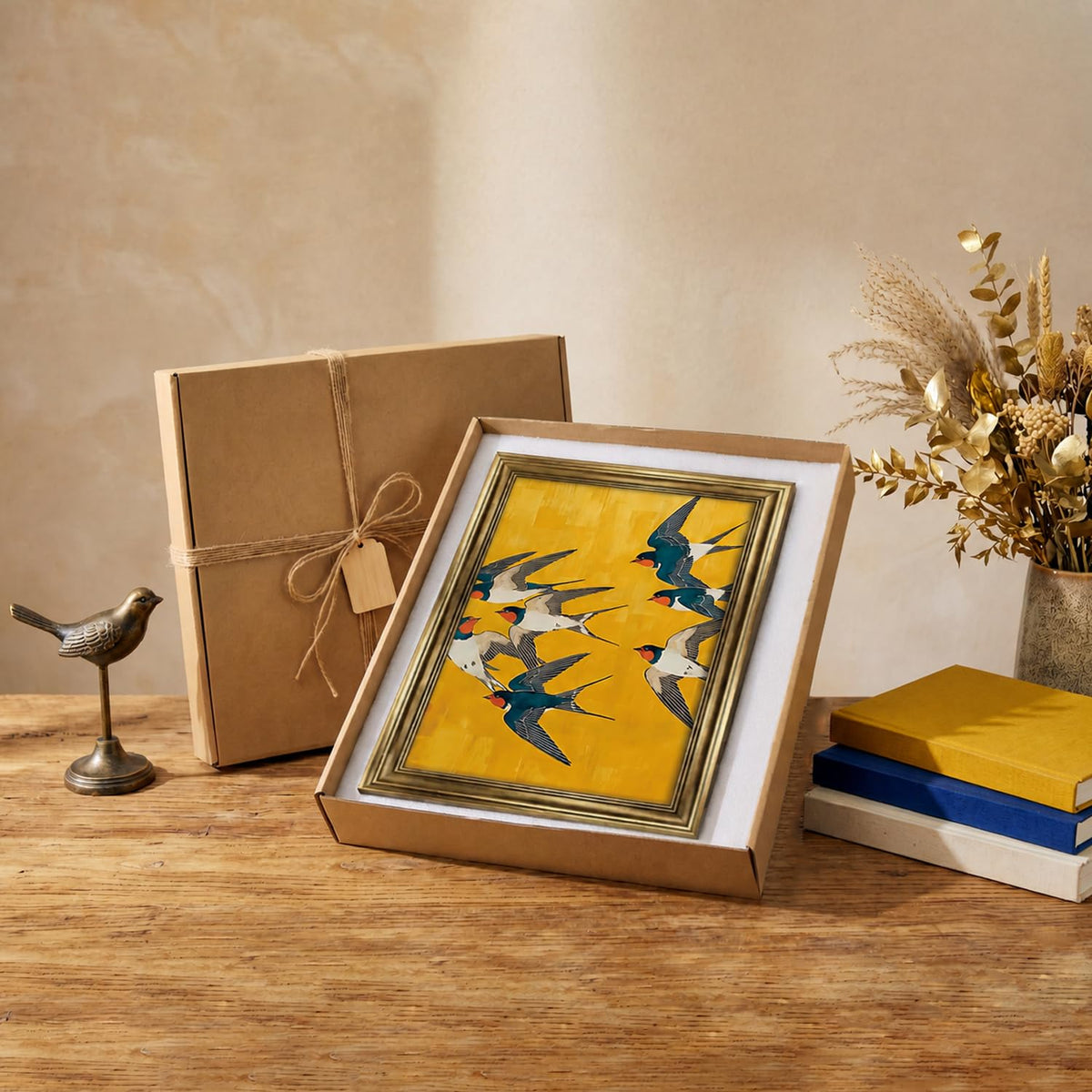 Framed 3Pcs Japanese Swallow Canvas Wall Art (yellow wild goose / 16"L x 12"W)