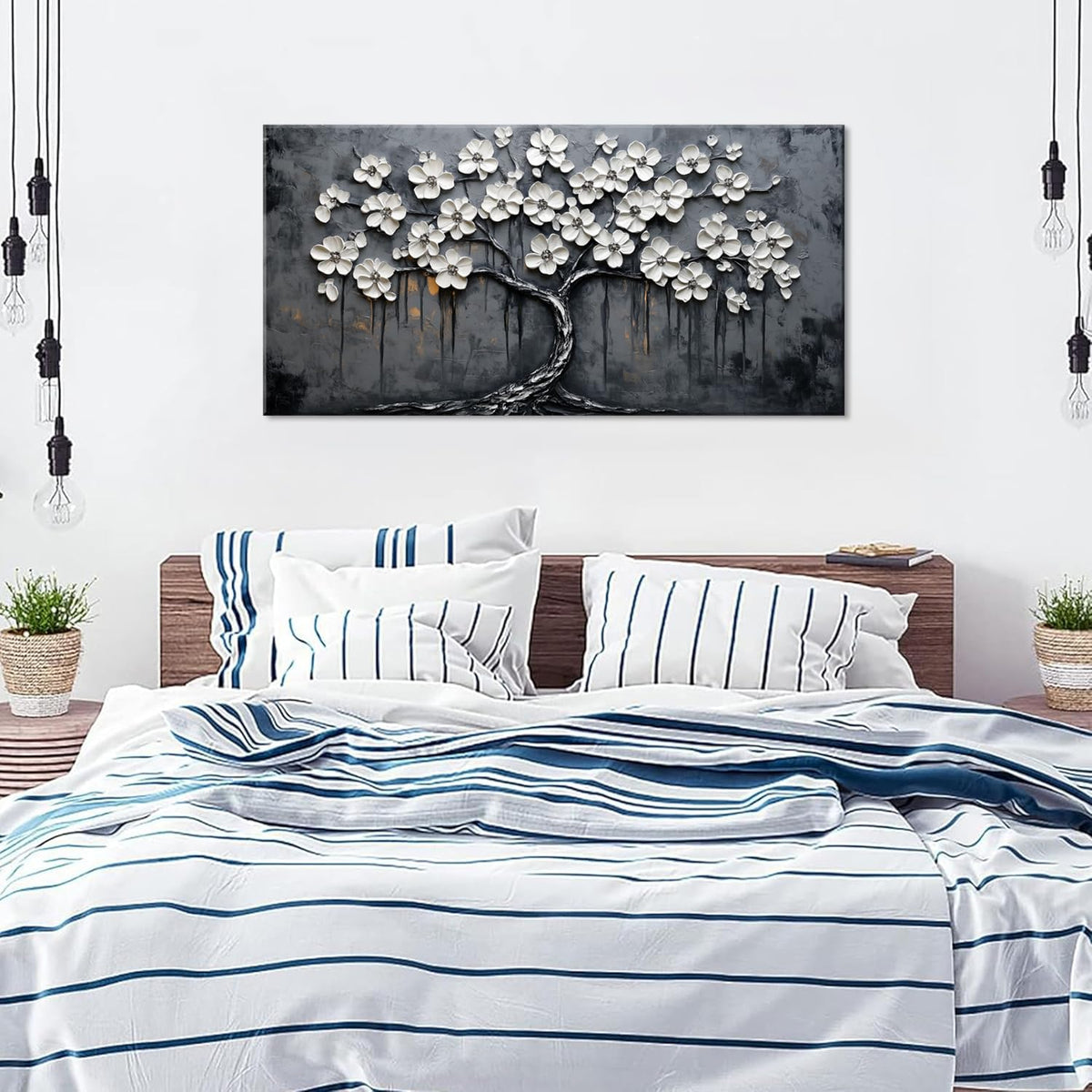 White Cherry Blossom Tree Wall Art for Living Room Office Floral Relief Modern Abstract Tree of life Painting Prints Sculptural Canvas Artwork Dining Bedroom Decor Large (Abstract / White Black Cherry Blossom Tree Wall Art / 46L" x 23W")