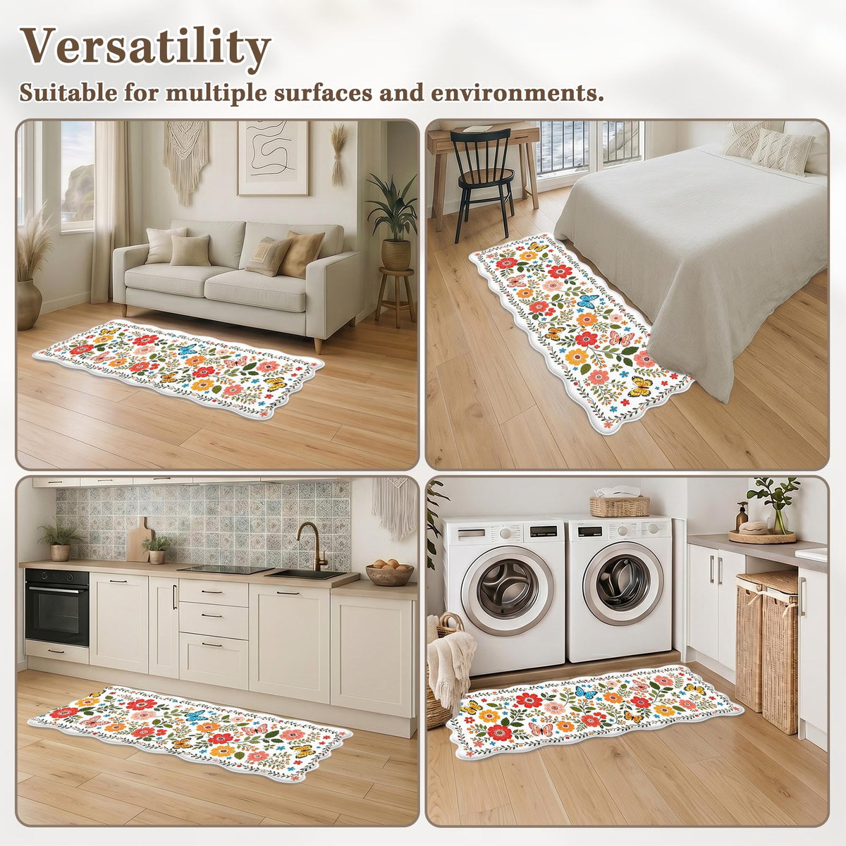 Anti Fatigue Kitchen Mats Set of 2 (White Floral Butterfly / 17.3''x29.9''+17.3''x47'')