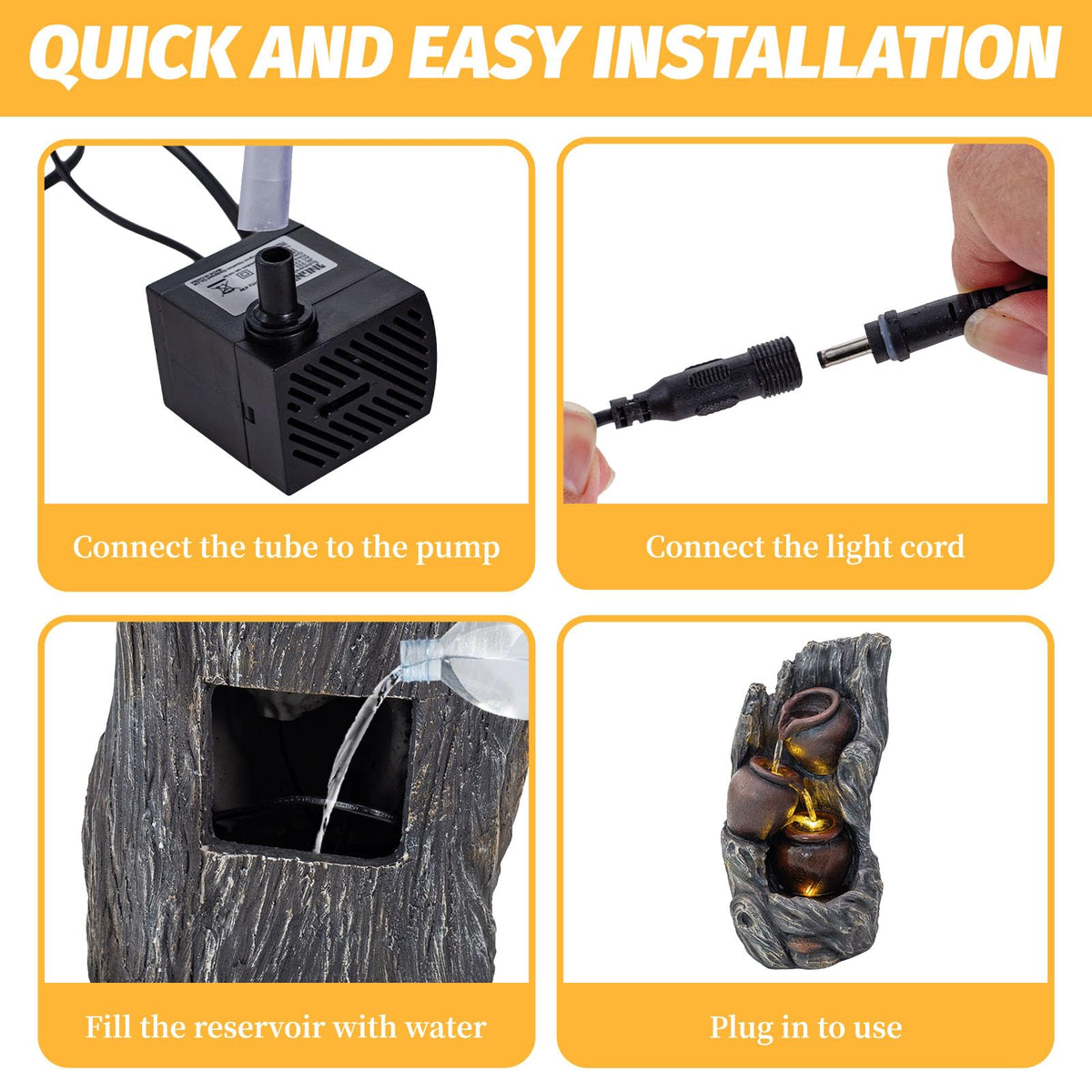 18.7" Resin Cascading Water Fountain Outdoor Indoor with LED Lights (18.7in Deed Tree Trunk & Jar)