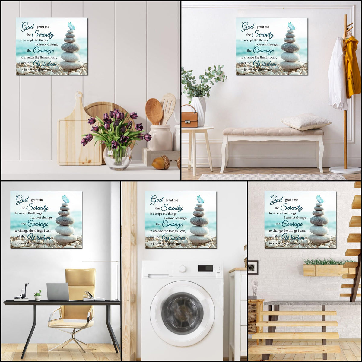 Zen Stone Wall Art Teal Butterfly Tropical Coastal Beach Wood Framed Canvas Wall Art Christian Bible Verses Wall Decor Prints Pictures for Bathroom Living Room Bedroom Dorm (Teal / 12"L x 16"W)