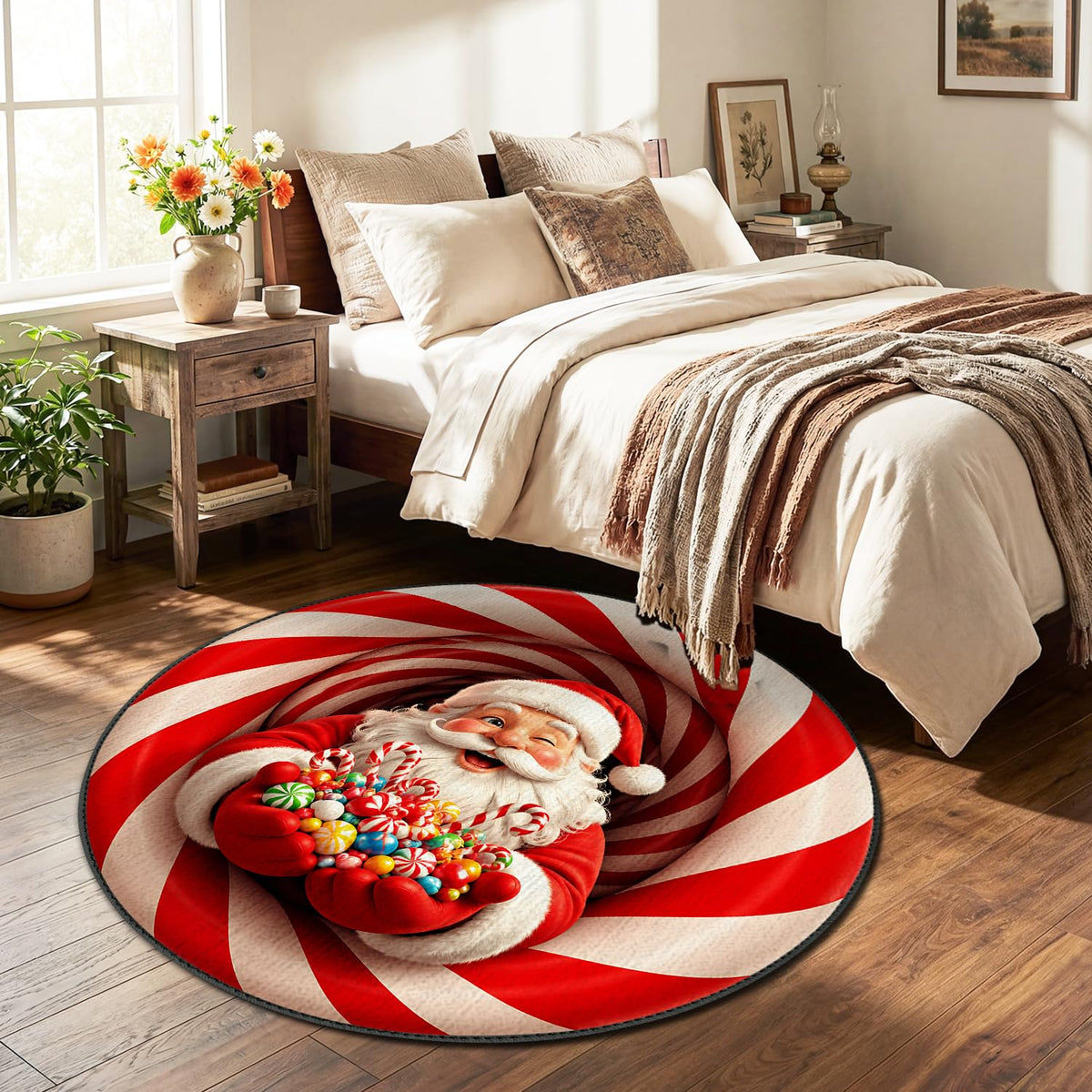 Christmas Santa Candy Cane Round Area Rug 4ft (101 / 4' (Round))