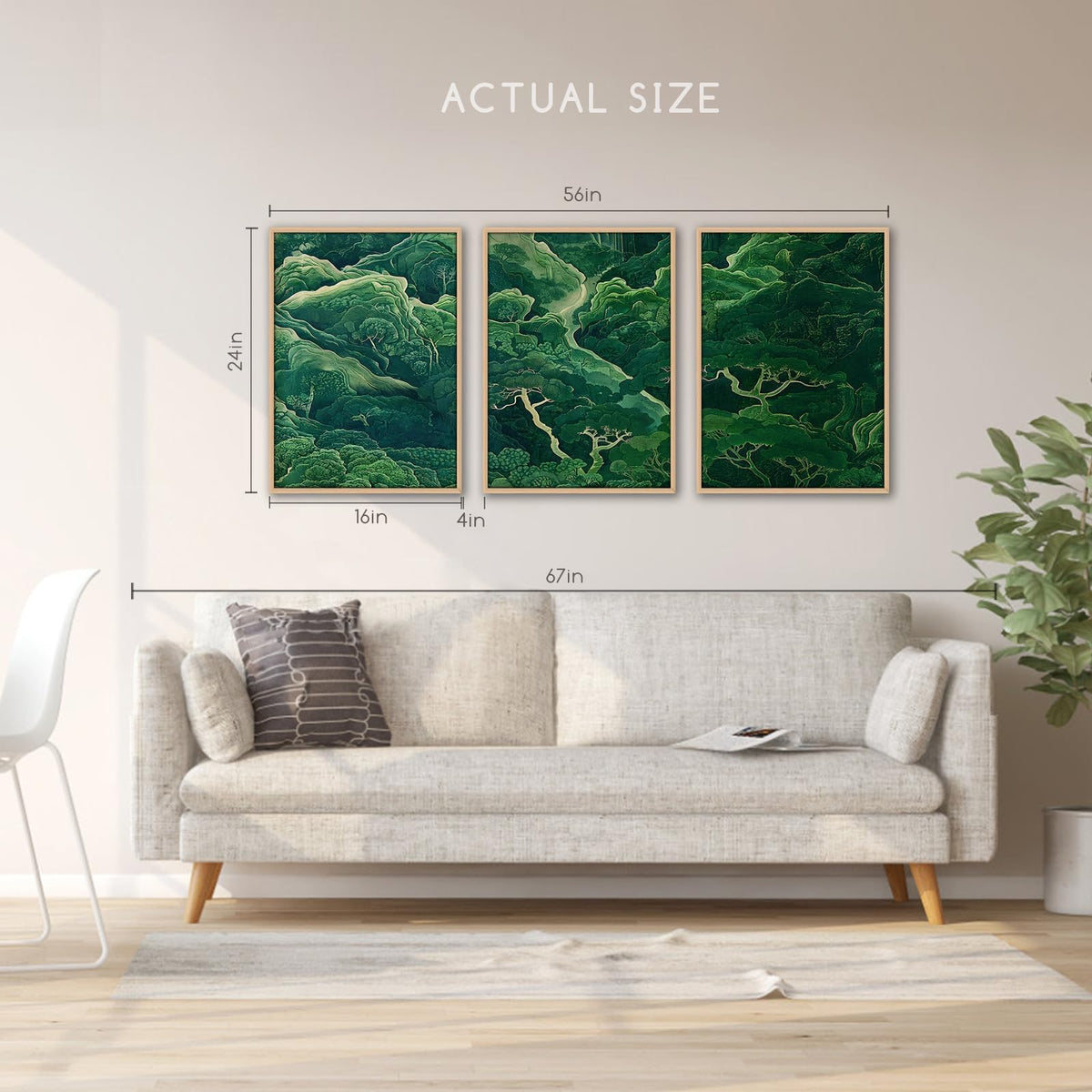 3Pcs Green Japanese Forest Wall Art Ukiyoe Nature Mountain Canvas Prints (Green Forest / 12x16 Inches)