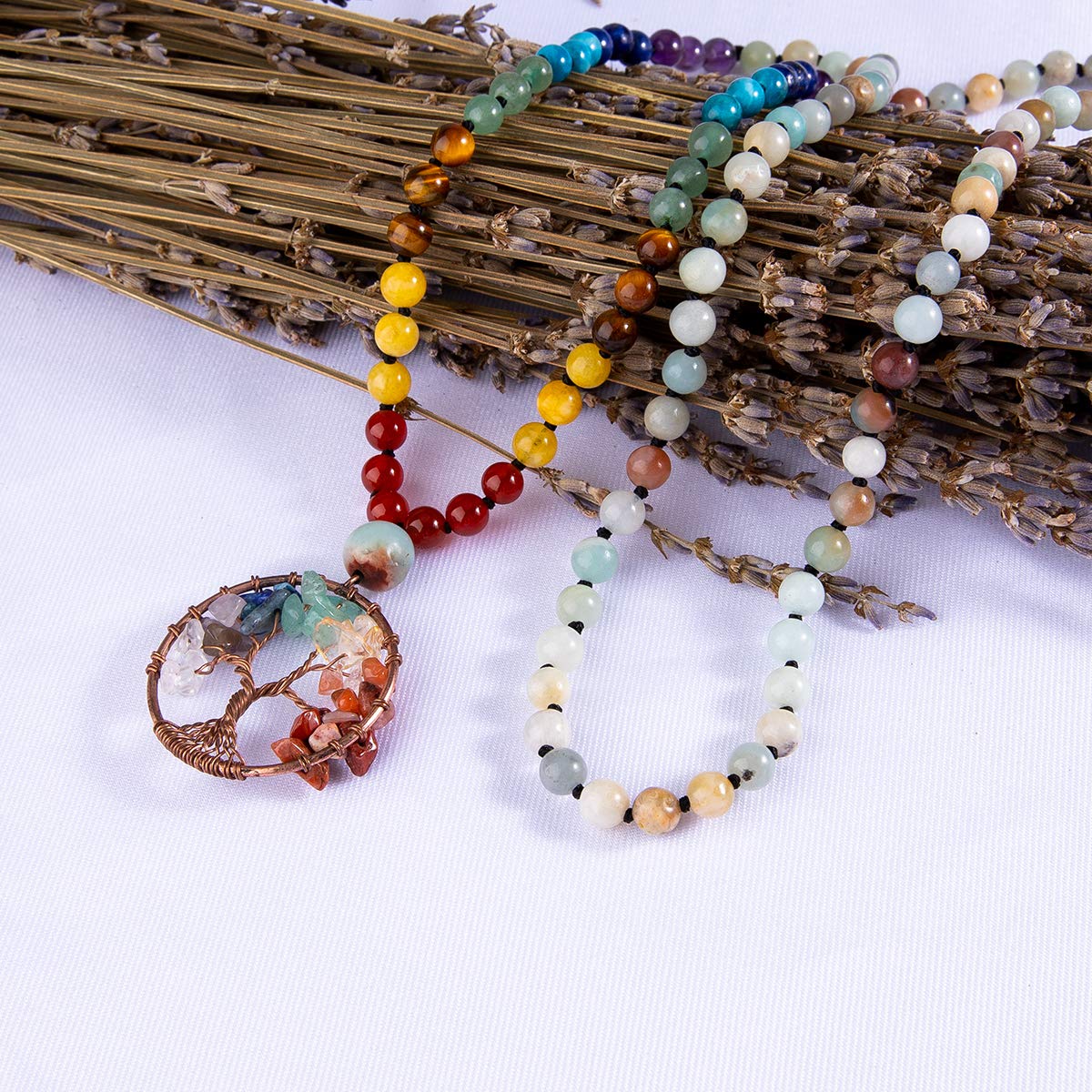 108 Mala Beads Necklace Tree of Life 7 Chakra Wrap Bracelet Real Healing Gemstone Yoga Meditation Hand Knotted Mala Prayer Bead Necklace (6mm / Amazonite)