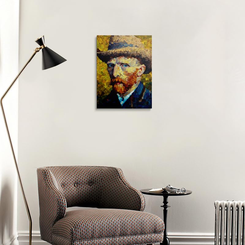 Abstract Van Gogh Portrait Canvas Wall Art Framed Painting Modern Cubist Style Vincent with Straw Hat Geometric Brushstrokes in Vibrant Colors Orange Blue Gallery Wall Decor Artwork 16x24 Inches (van gogh / 24"L x 16"W)