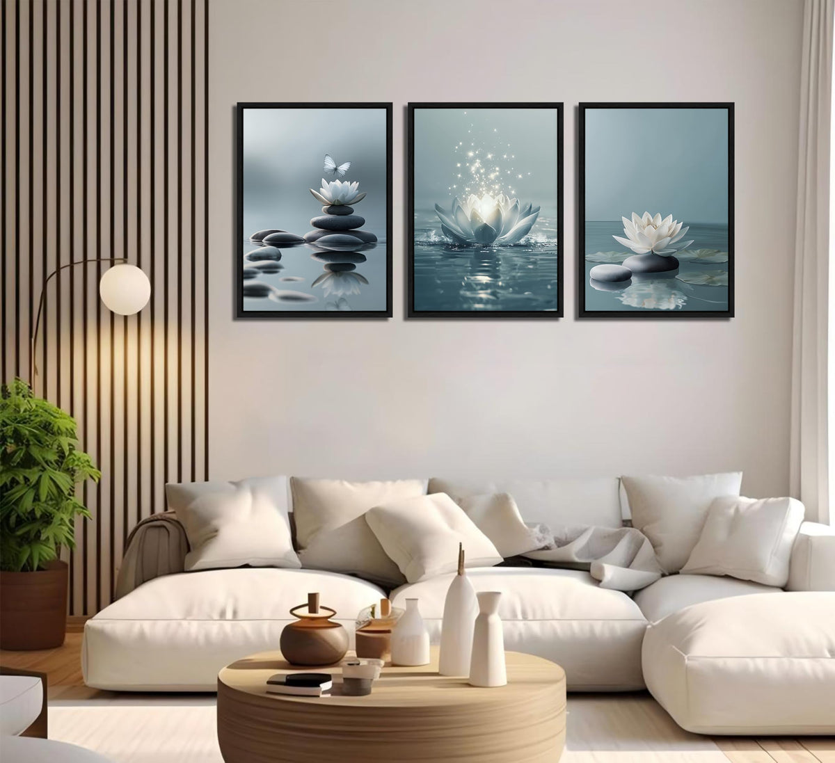 3Pcs Framed Zen Stones Lotus Spa Canvas Wall Art White Lotus Blooming on Stones Painting Picture Wall Decor Modern Spiritual Poster Print Artwork for Yoga Spa Meditation Spiritual Room Home Decoration (Framed / 24L" x 16W")