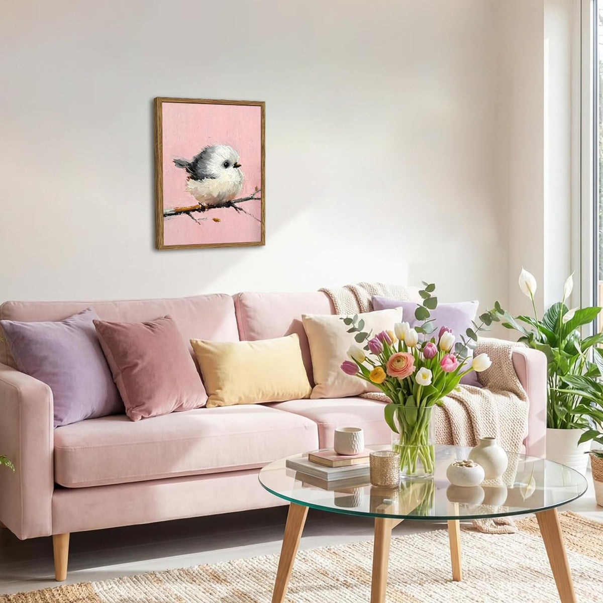 Cute Bird Wall Art Vintage Chickadee on Branch Wall Decor Picture Rustic Animal Poster Canvas Painting Print for Living Kids Room Bedroom 12x16 inch Wood Framed (Animal-M / 16"L x 12"W)