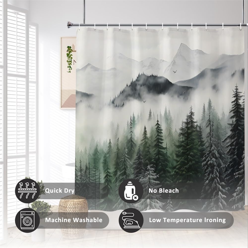Foggy Mountain Shower Curtain Dark Green Misty Forest Shower Curtain Set Nature Scenery Bathroom Decor with Hooks Waterproof Fabric (72"W x 84"L (Pack of 1) / Green07)