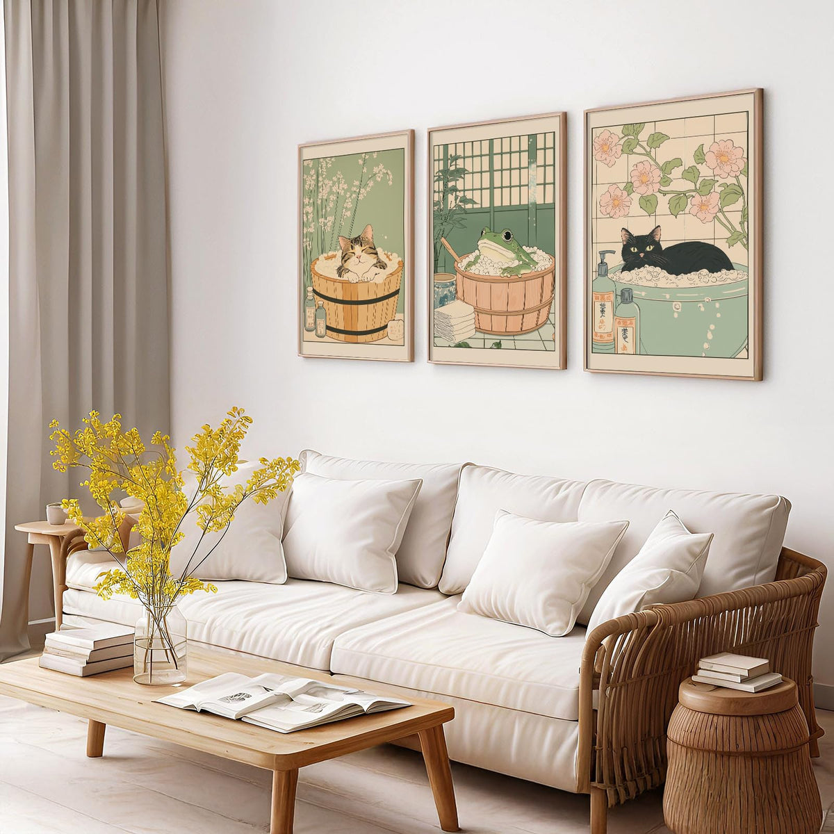 Japanese Wall Art Set of 3 Cute Frog Wall Decor Black Cat Canvas Wall Art for Living Room Japanese Posters Frog Funny Bathroom Decor Zen Style Cat Painting 16x24 Inch Unframed (24L" x 16W" Unframed / Bathroom)