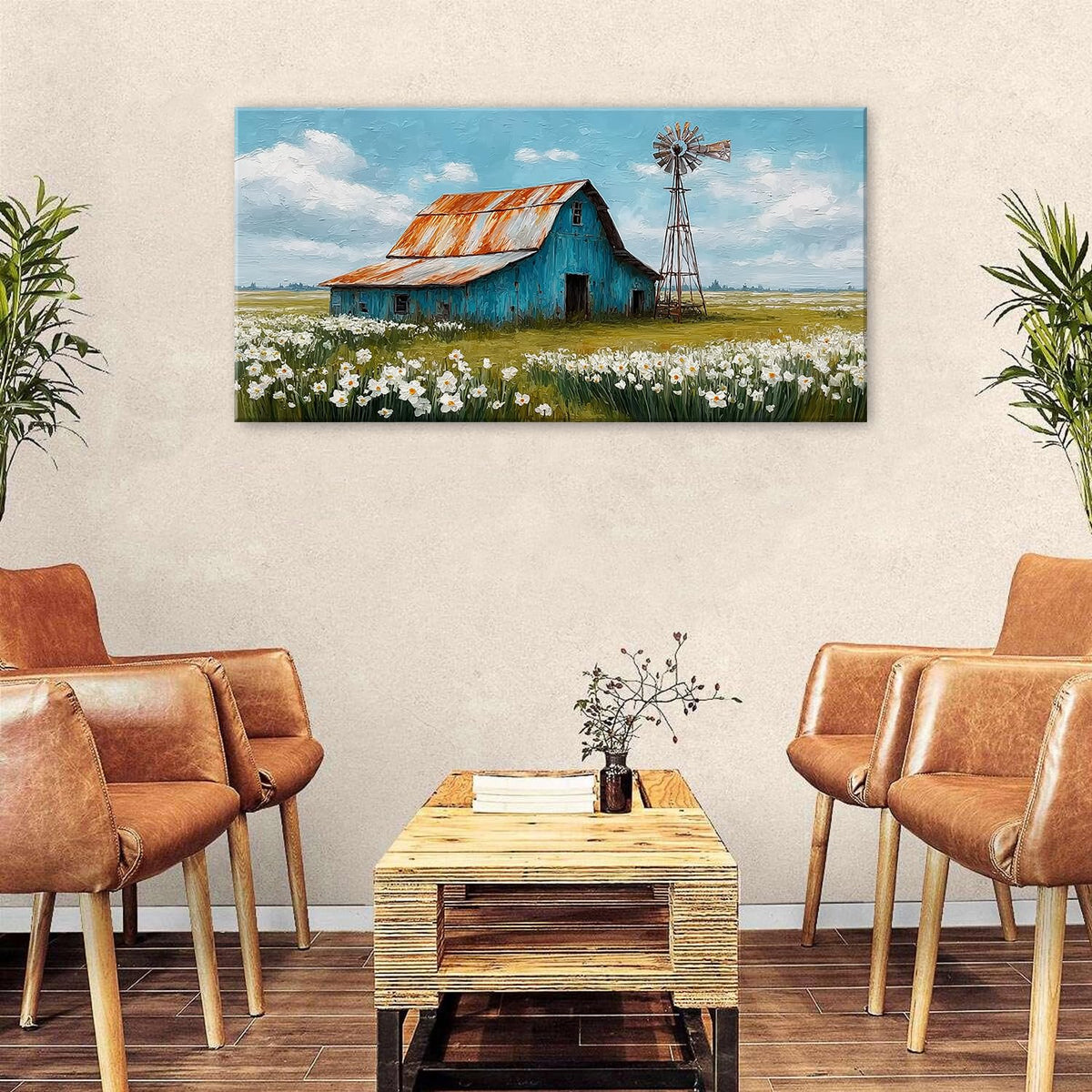 Farmhouse Barn Wall Decor Daisy Wildflower Wall Art Vintage Navy Blue Old Barn Picture Living Room Country Farm Windmill Landscape Poster White Flower Modern Artwork Bedroom Home Decorations 24x48" (48"L x 24"W / Farmhouse Barn)