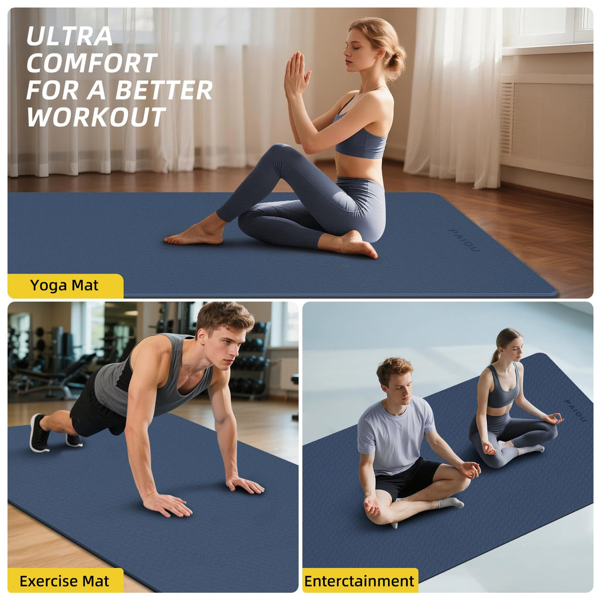 Extra Long Wide Yoga Mat (Dark blue + Black)