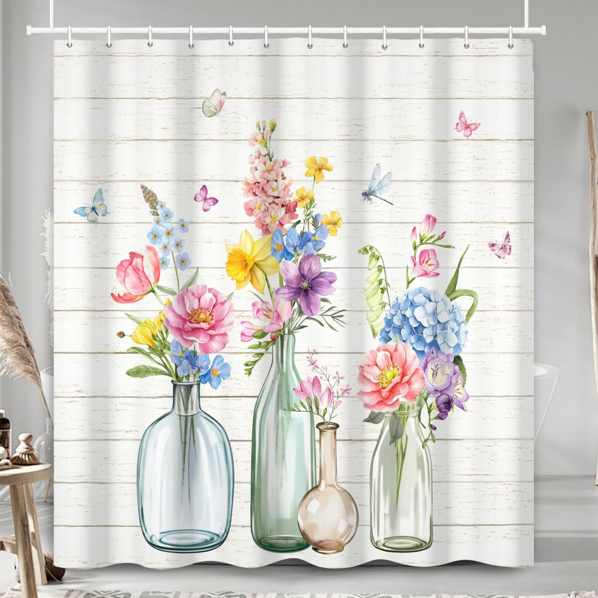 Watercolor Floral Vase Shower Curtain with 12 Hooks (Flowers With Vases)