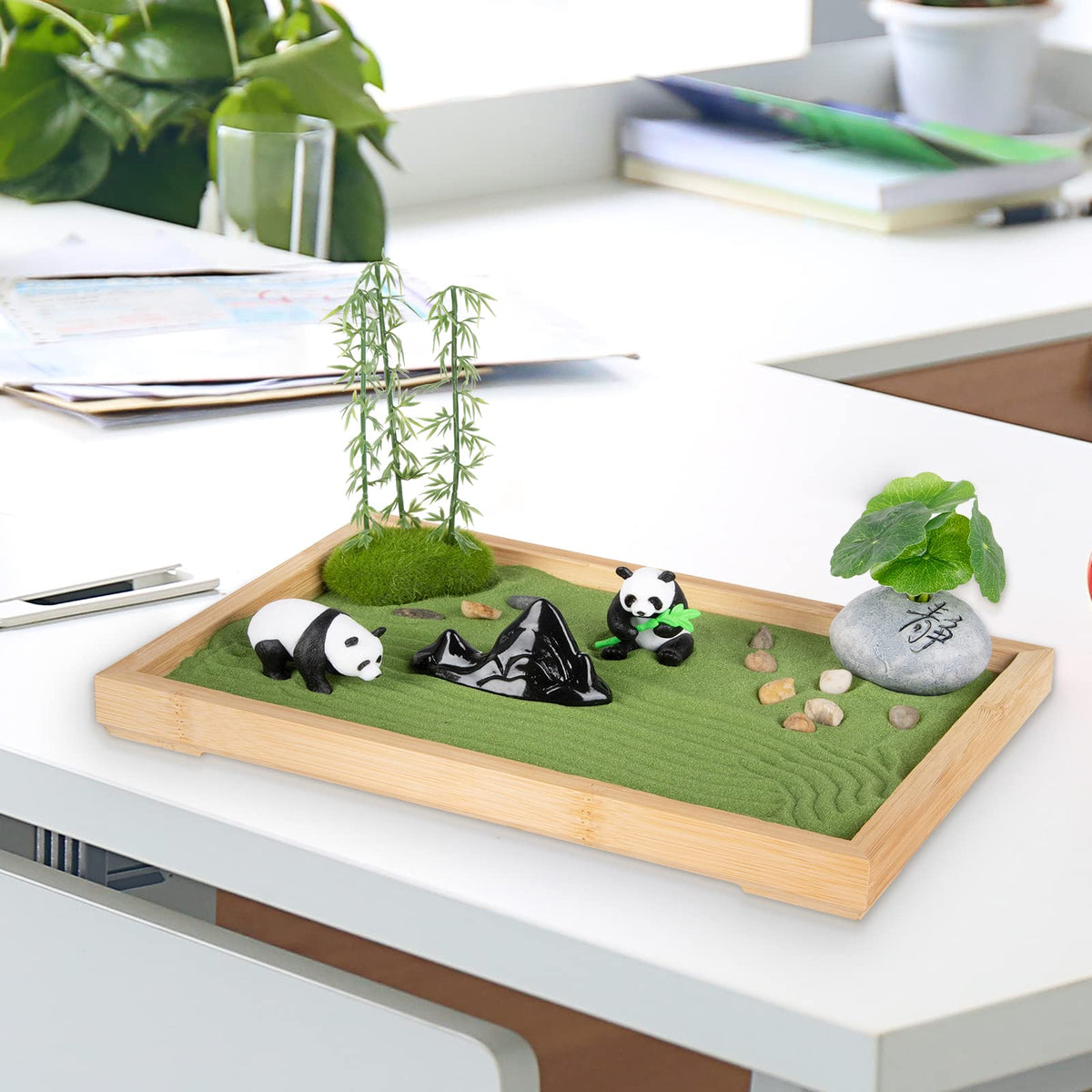 Zen Garden Kit for Desk 11''x7.5'' Room Decor with Green Sand (Panda Bamboo)