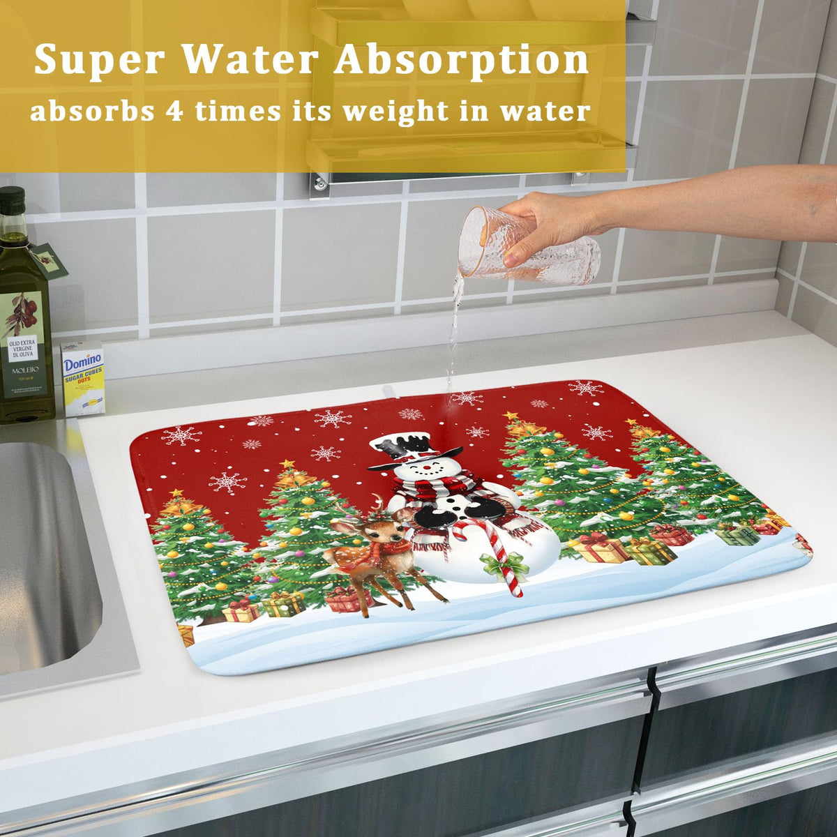 Christmas Snowman Dish Drying Mat for Kitchen Counter (Christmas / 18" x 24")