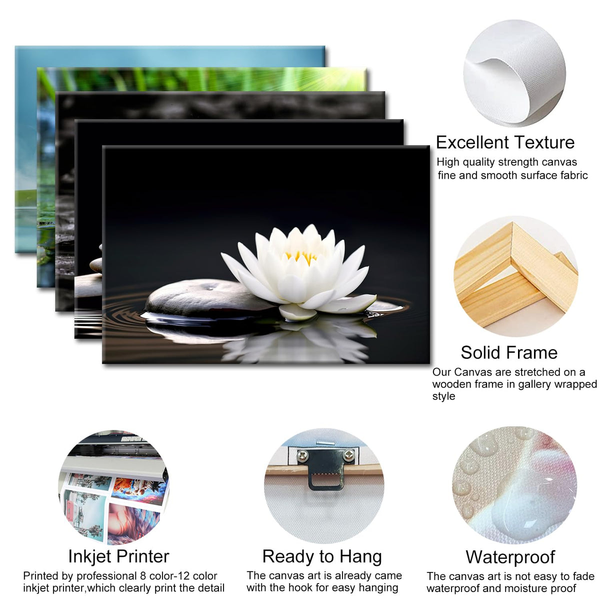 Zen White Lotus Flower Wall Art Black and White Lotus on Spa Stone and Water Picture Canvas Print Artwork for Yoga Meditation Room Bathroom Wall Decor (Artwork 01 / 36"L x 24"W)