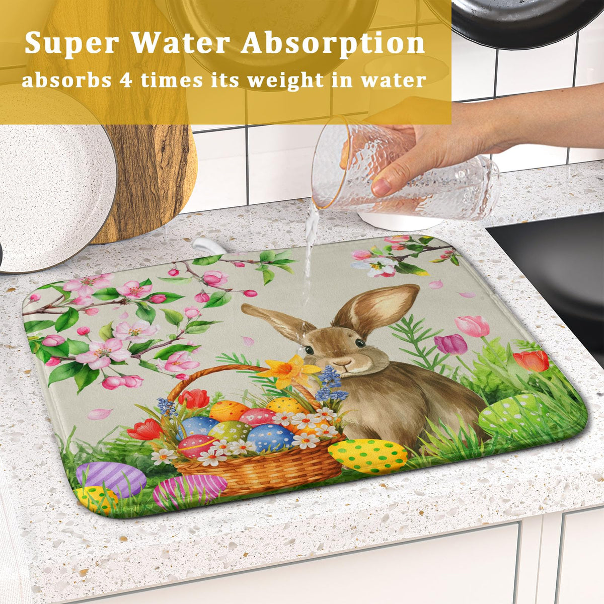 Easter Bunny Colorful Eggs Dish Drying Mat for Kitchen Counter (Eggs / 16" x 18")