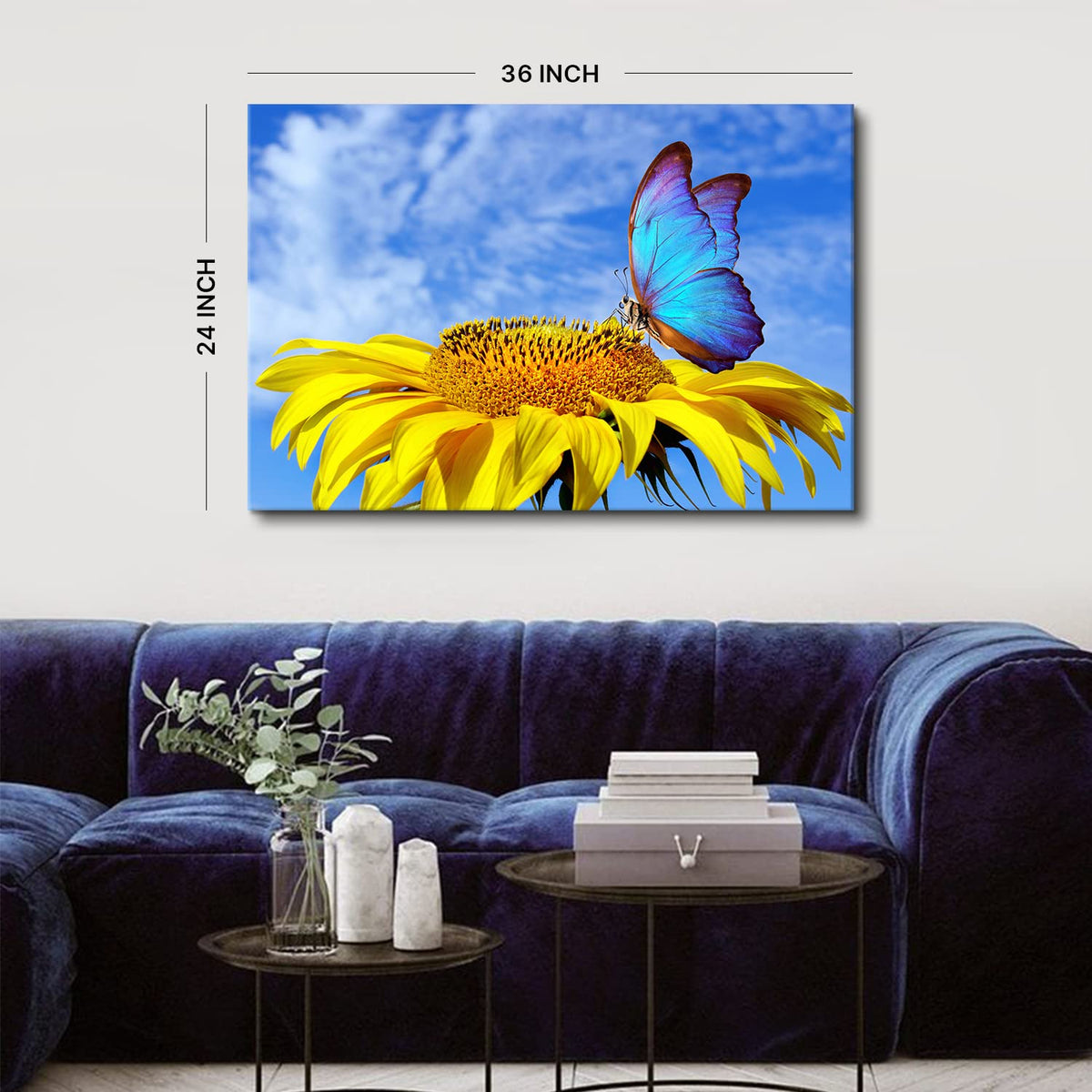 Sunflower Wall Art Bathroom Decor Blue Butterfly Canvas Pictures for Bedroom Sunflower Wall Decor Floral Posters Living Room Kitchen Home Decoration Yellow Sunshine Flower Painting Modern Artwork 24x36" (36"L x 24"W / Sunflower Butterfly)