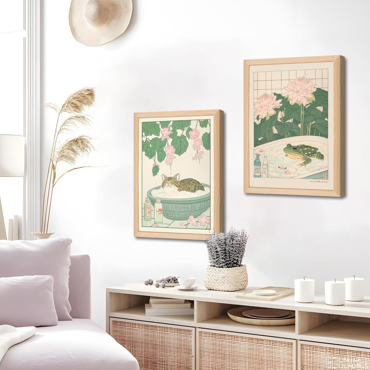Japanese Cats Frogs Bathroom Wall Art Anime Cute Funny Canvas Print Decor (Cat Frog / 24"L x 16"W)