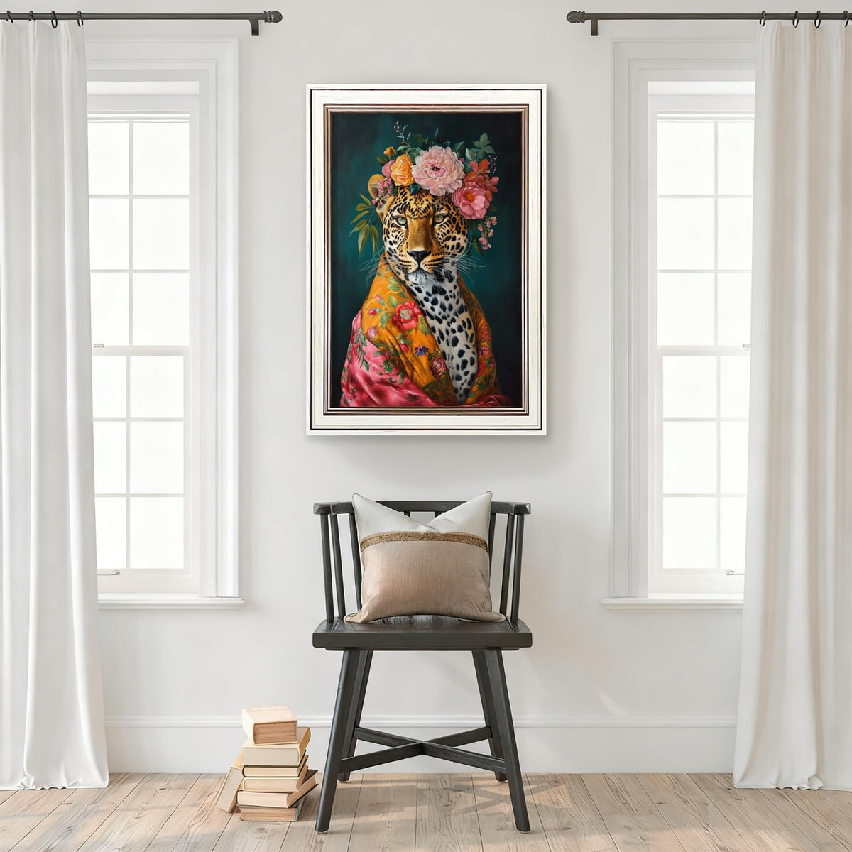 Framed Floral Leopard Wall Art Canvas Print Colorful Crown Cheetah Portrait Poster Vintage Botanical Painting Wild Animal Artwork Maximalist Jungle Picture Living Room Bedroom Decor 20x30inch White (20"L x 30"W / Style-2 Retro White Frame)