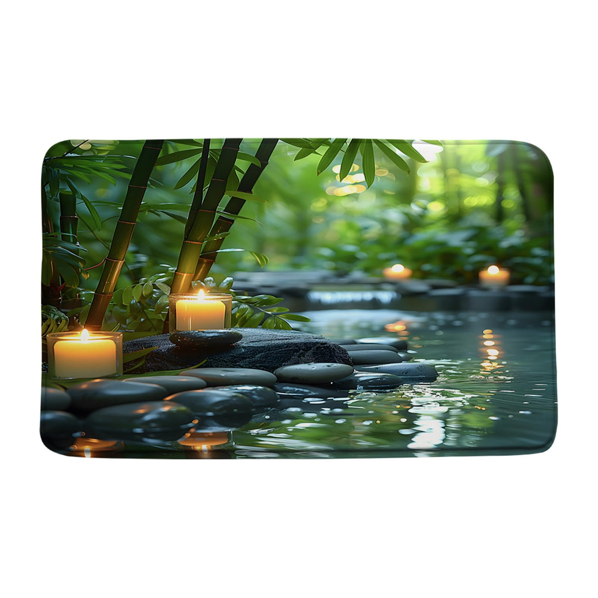 Zen Spa Bath Mat Bamboo Stone Candle Nature Water Reflection Calming Meditation Bathroom Bathtub Floor Area Rugs Doormat Toilet Decor (Green Black / 24x47 IN)