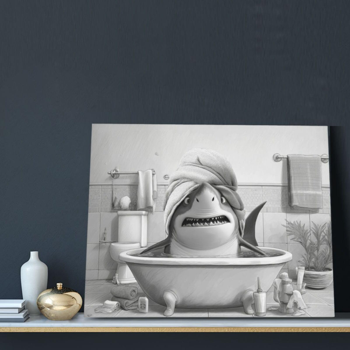 Funny Shark Bathroom Decor Wall Art Black and White Bathroom Pictures Painting Canvas Framed Toilet Humor Artwork Restroom Home Decoration Gifts for Women Girl 16"x20" (shark / 20L"×16W")