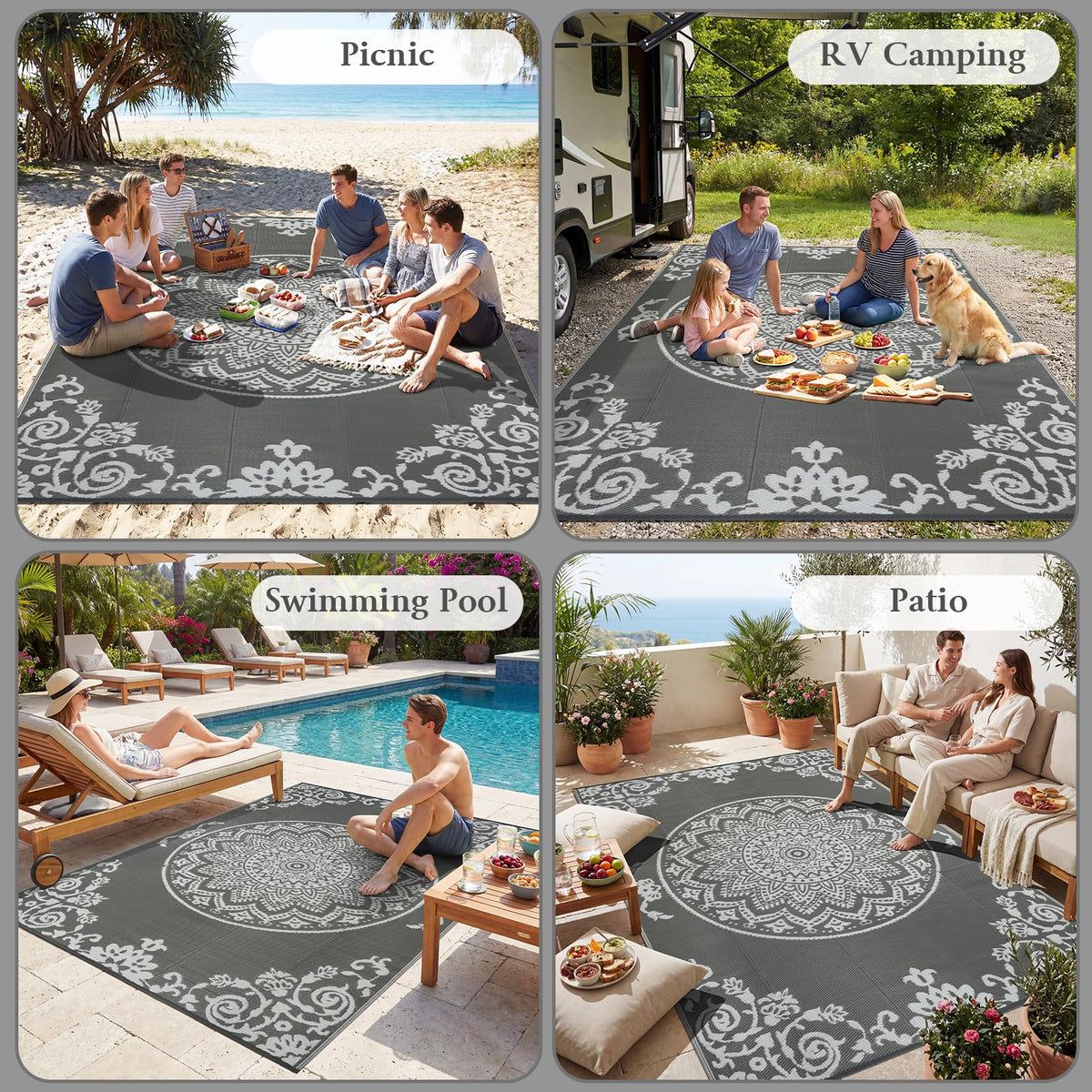 Outdoor Rug Waterproof 6x9 ft (Grey / 6' x 9' (Rectangular))