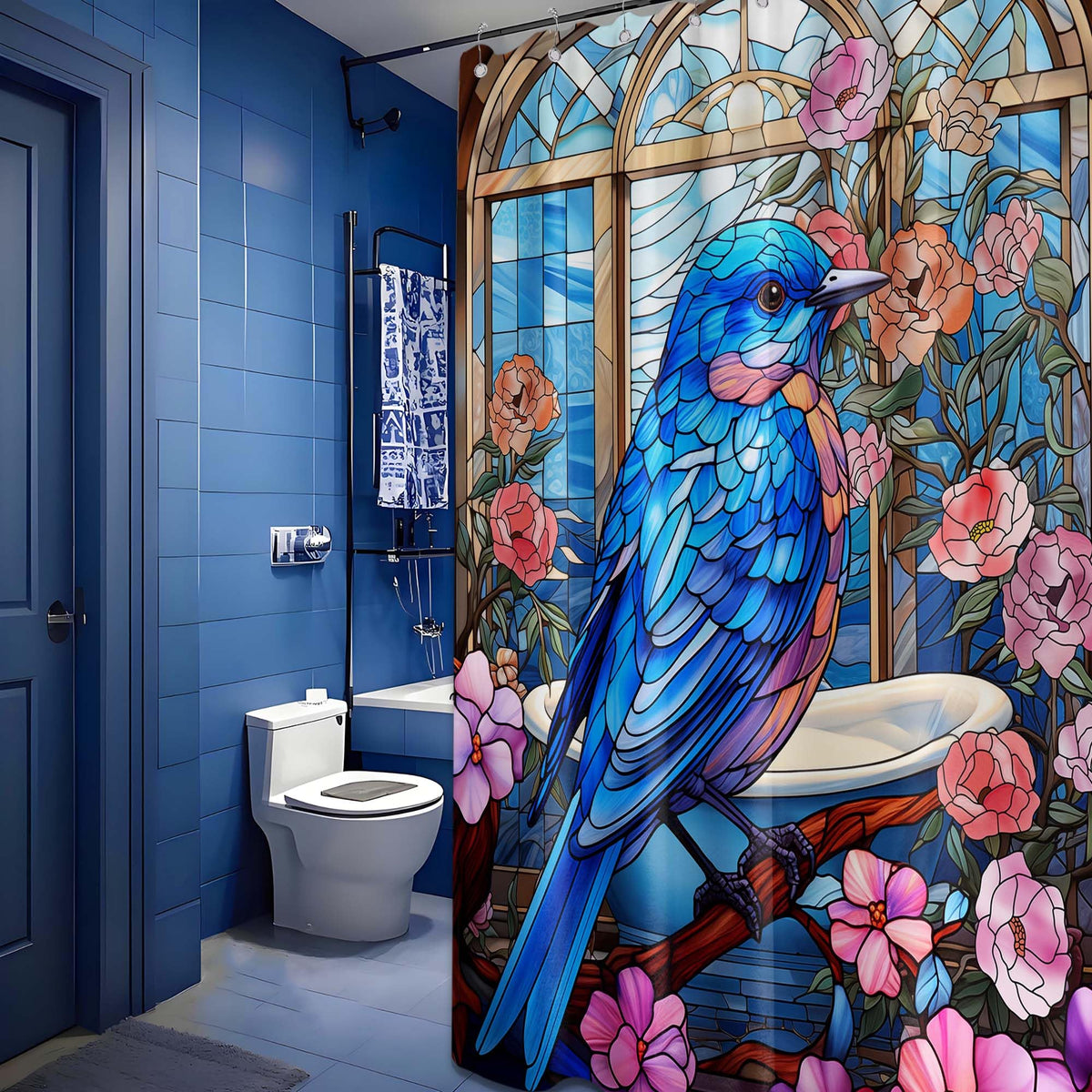 Stained Glass Shower Curtain Bird Floral Art Deco Shower Curtains for Bathroom Decor Sets (Stained Glass Bird / 60"W x 72"L (Pack of 1))