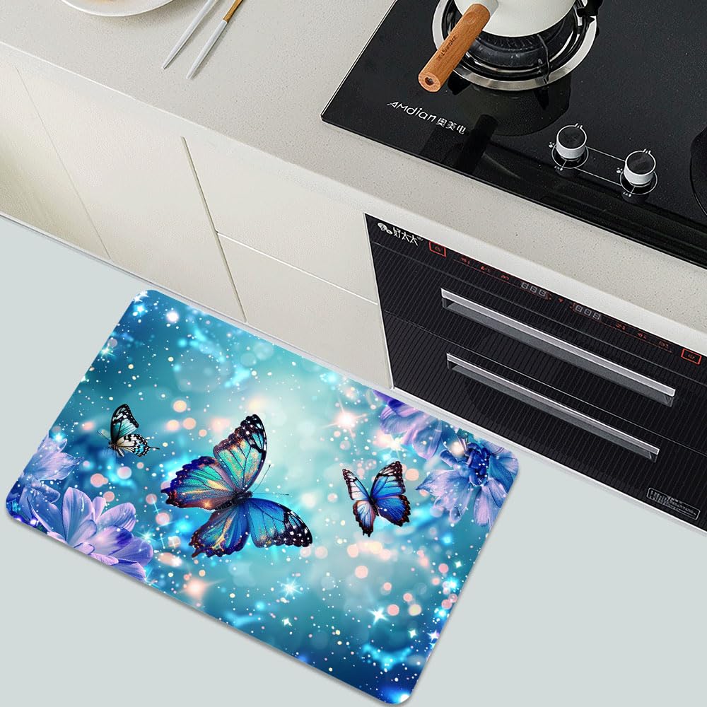 Bath Mat Bathroom Rug (Butterflies, Blue Glitter- / 1'8" x 2'8" (Rectangular))